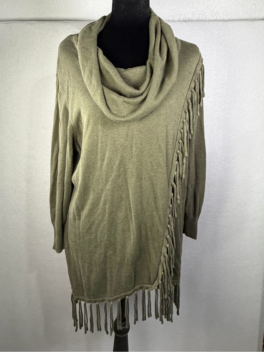 Reba Olive Green Cowl Neck Fringe Sweater Tunic
